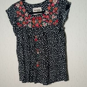 Savanna Jane Black and White Polka Dot Top with Floral Embroidery